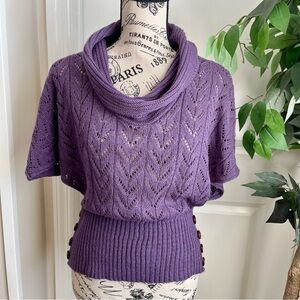Mandee Open Knit Chevron Cowl Neck Dolman Sweater Purple Sz M